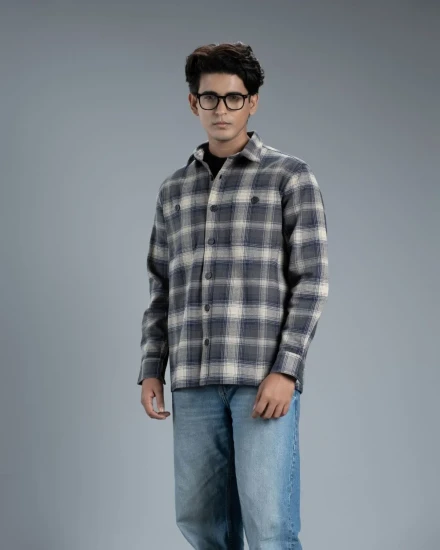 Men’s Long Sleeve Urban Straight Shacket (Slate Blue Urban Stripe)