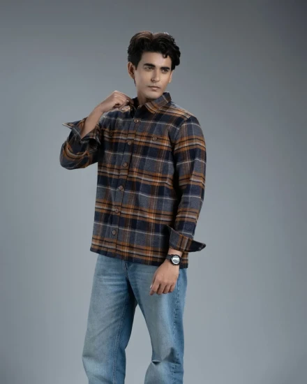 Men’s Long Sleeve Urban Straight Shacket (Mustard Navy Stripe)