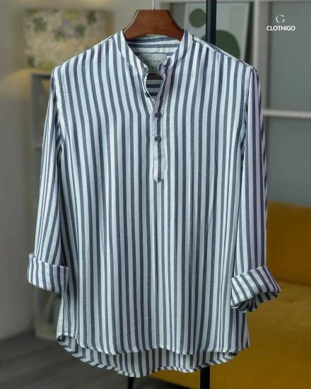 Mandarin Collar Slate Blue Stripe Katua - L/S - CGK103